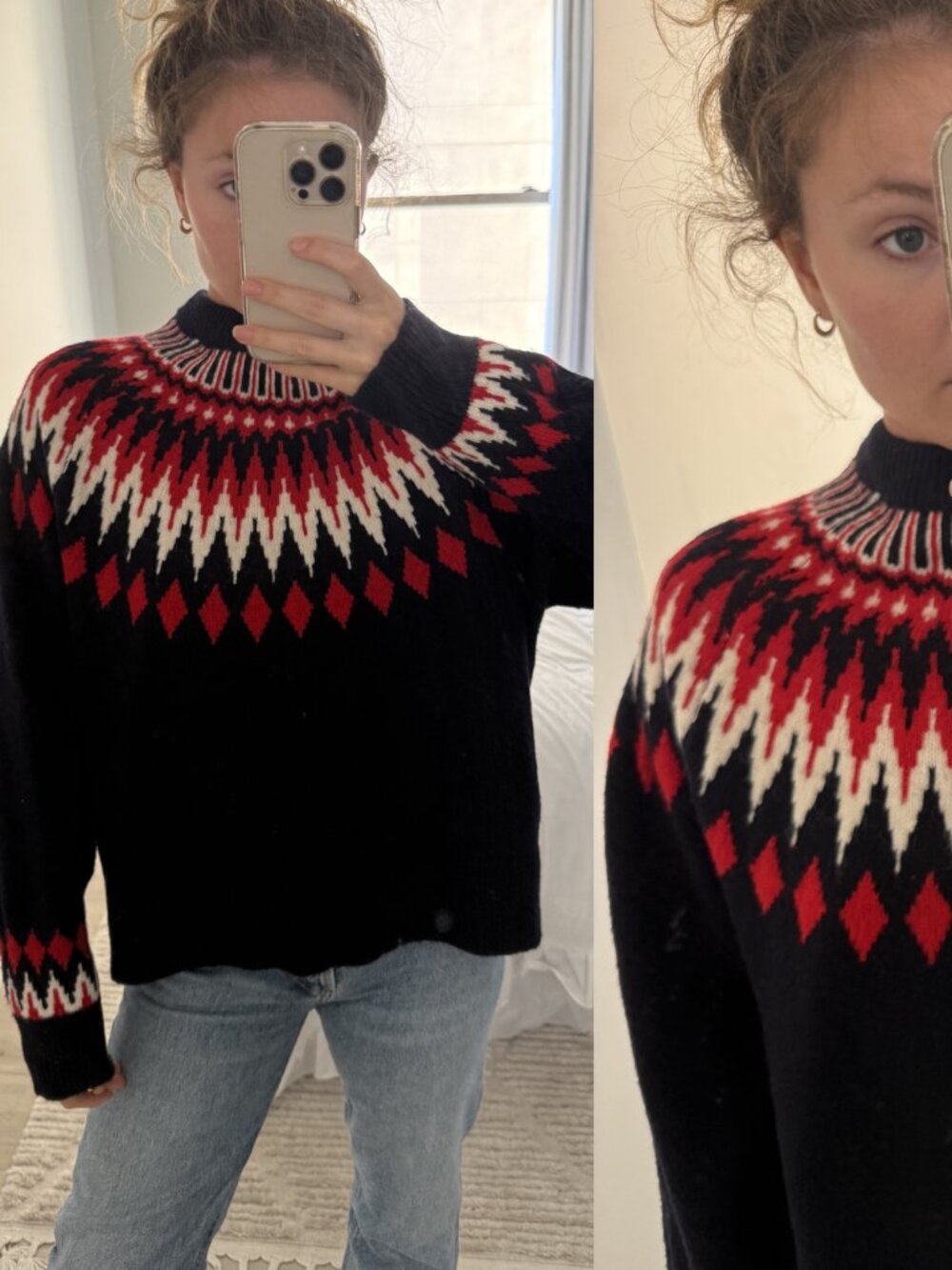 Zara Navy Blue and Red Fair Isle Sweater